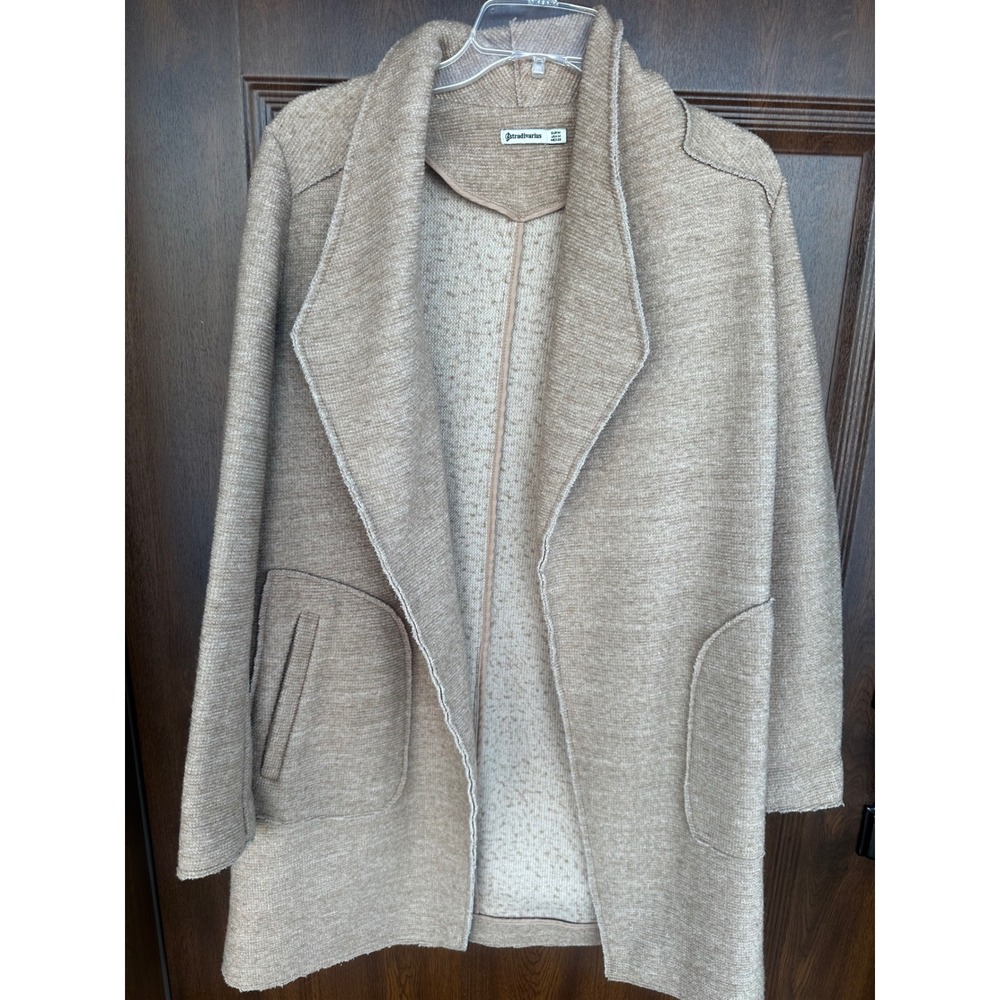 Women's Stradivarius Wool Blend Open-Front Notched Lapel Patch Pocket Overcoat M